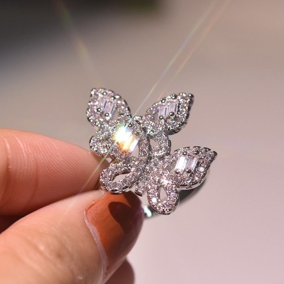 NEW 925 Silver Diamond Double Butterfly Ring - Picture 3 of 14